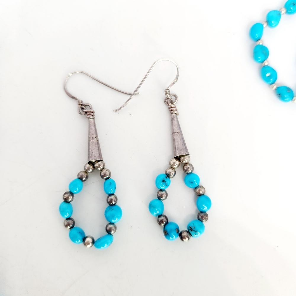 Sleeping Beauty Turquoise 925 Sterling Silver Nugget Bead Necklace & Earring Set - Picture 4 of 13